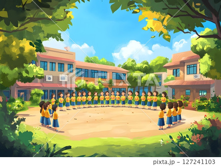 cartoon scene of morning assembly at school courtyard 127241103