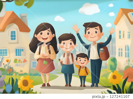 animated parents waving goodbye to kids on first school day 127241107