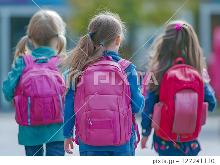 group of happy children with backpacks walking into school together 127241110