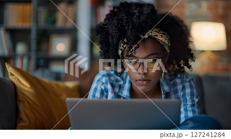 Online learning platform student watching an educational webinar on a laptop e learning 127241284