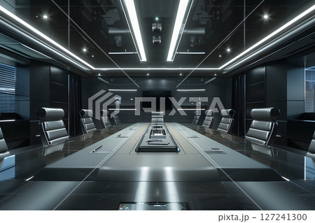 Empty modern boardroom with a large conference table ready for a meeting professional space 127241300