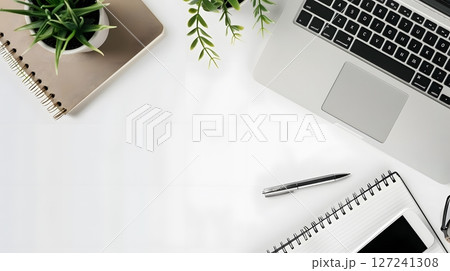 Clean and minimalist office desk setup with a laptop plant and notebook organized workspace 127241308