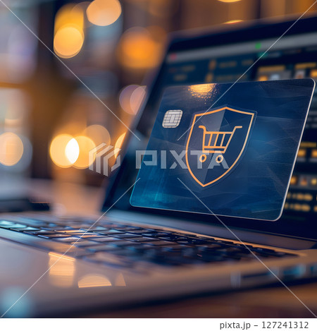 Secure online payment concept credit card and a shield icon on a laptop screen e commerce Secure online payment concept credit card and a shield icon on a laptop screen e commerce 127241312