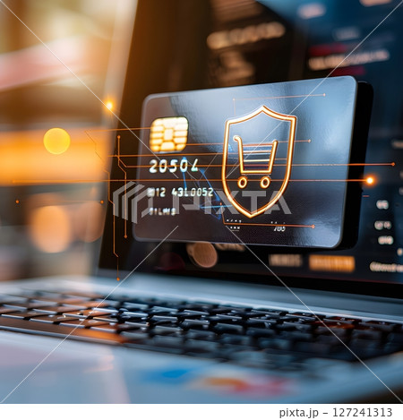 Secure online payment concept credit card and a shield icon on a laptop screen e commerce 127241313