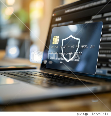 Secure online payment concept credit card and a shield icon on a laptop screen e commerce 127241314