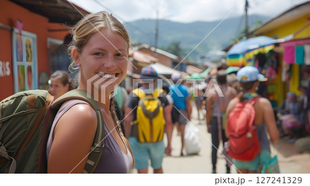 Traveler exploring a vibrant local market in a foreign country authentic experience cultural immersion 127241329