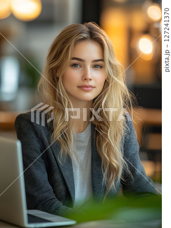 professional businesswoman working in a modern office, digital corporate scene 127241370