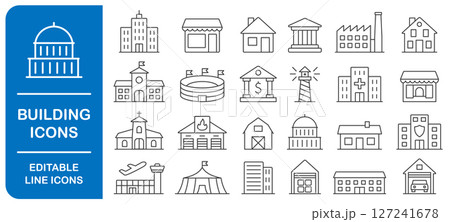 Building editable line icon set. City architecture symbol sign. Containing circus, airport, house, factory, bank, school, fire station, shop, hospital icons collection. illustration image. Building editable line icon set. City architecture symbol sign. Containing circus, airport, house, factory, bank, school, fire station, shop, hospital icons collection. illustration image. 127241678