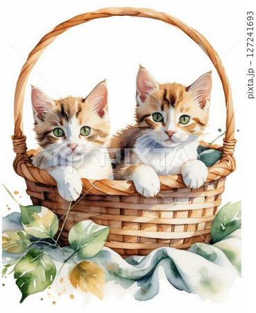 水彩画で描いたバスケットに入った子猫と若葉 127241693