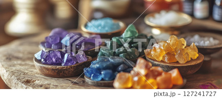 Vibrant Healing Stones in Wooden Bowls Vibrant Healing Stones in Wooden Bowls 127241727
