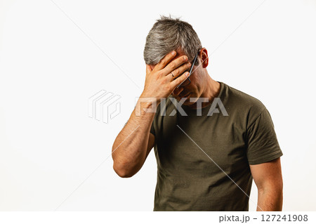 Man expressing frustration with hand on forehead indoors 127241908