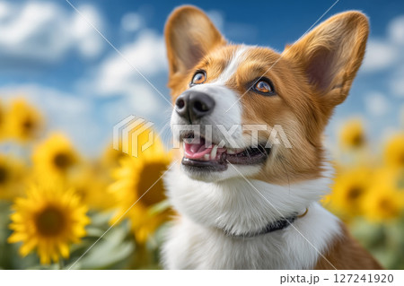 夏　ひまわりとコーギー（AI生成画像） 127241920