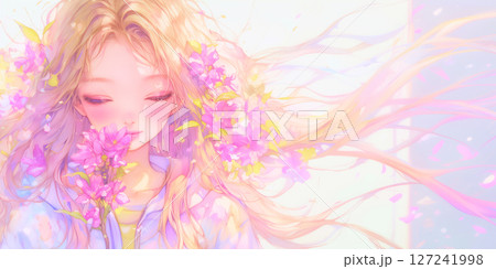 花を愛でる女性。水彩画。イラスト。 127241998