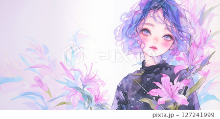 花を愛でる女性。水彩画。イラスト。 127241999