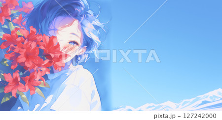 花を愛でる女性。水彩画。イラスト。 127242000