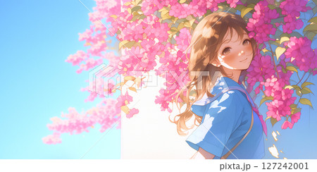 花を愛でる女性。水彩画。イラスト。 花を愛でる女性。水彩画。イラスト。 127242001