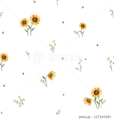 Seamless watercolor pattern with daisies, sunflowers, and bees. Hand-drawn floral and insect illustrations, perfect for children's textiles, nursery decor, and playful designs. Bright and cheerful. 127242085