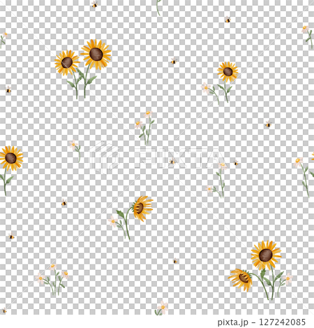 Seamless watercolor pattern with daisies, sunflowers, and bees. Hand-drawn floral and insect illustrations, perfect for children's textiles, nursery decor, and playful designs. Bright and cheerful. 127242085