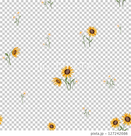 Seamless watercolor pattern with daisies, sunflowers, and bees. Hand-drawn floral and insect illustrations, perfect for children's textiles, nursery decor, and playful designs. Bright and cheerful. 127242086