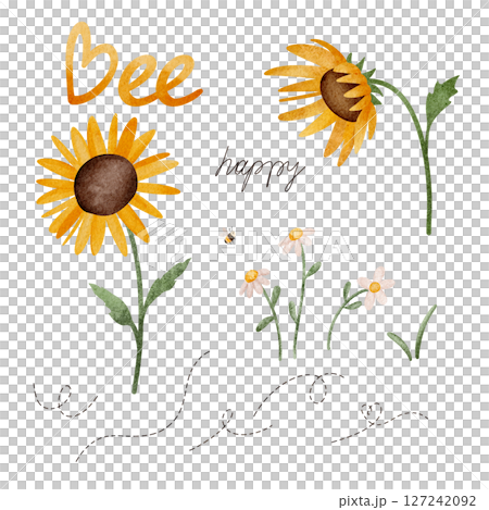 Set illustrations with white daisies and yellow orange sunflowers, bees, flight path. Hand lettering - bee and happy. Flowers chamomile. For positivity and sunshine children's designs 127242092