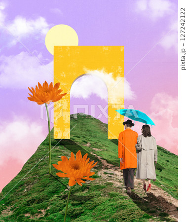 Couple walks under yellow surreal arch among flowers and hills, embracing and dreaming of shared world beyond horizon. Conceptual artwork. 127242122