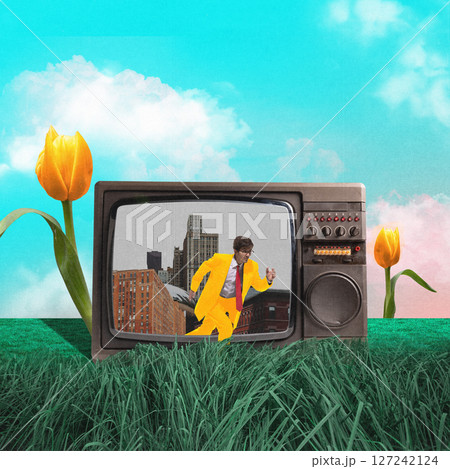 Man in yellow suit runs from TV screen with cityscape, escaping into grass world, symbolizing digital noise VS natural simplicity. Creative art collage. 127242124