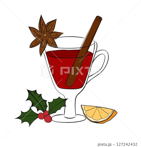 Mulled wine composition isolated. Vector graphic line ink illustration. Silhouette sign for logo, print, comics, fashion, pop art, boards, design, stickers, decoration, posters 127242432