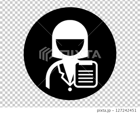白衣を着てカルテを持つ人の丸いシンプルなモノクロ白抜きイラストアイコン 127242451