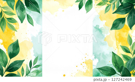 A serene vertical watercolor background featuring an elegant floral border of green leaves, soft yellow accents. The translucent brushstrokes create a gentle, natural feel, design elements 127242469