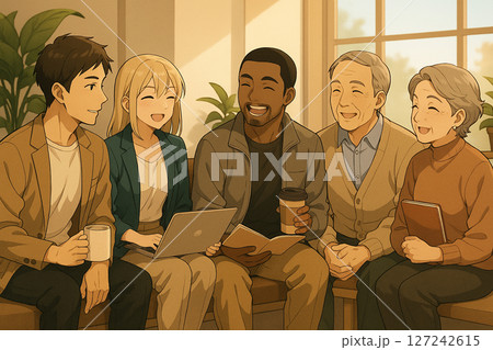 オフィスで談笑する多世代の社員 オフィスで談笑する多世代の社員 127242615