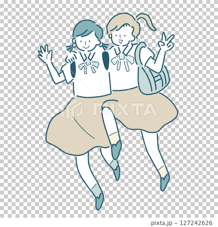 女子中学生たちのシンプルな線画のベクターイラスト 127242626