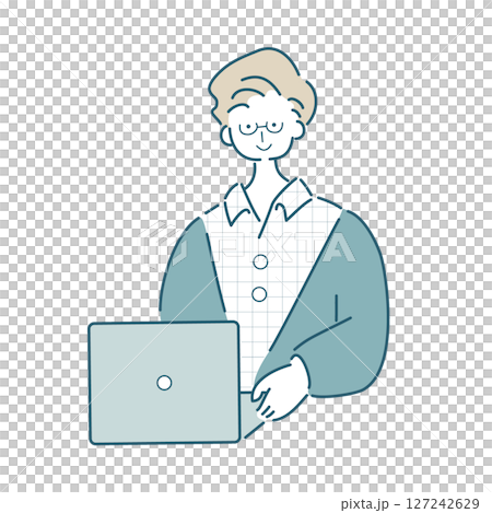 Simple line drawing vector illustration of a person working on a computer 127242629