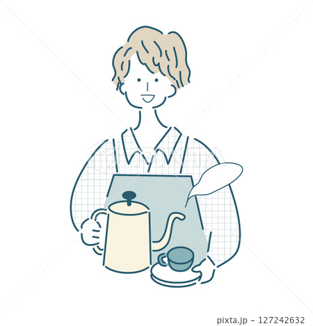 コーヒーをいれる人のシンプルな線画のベクターイラスト 127242632