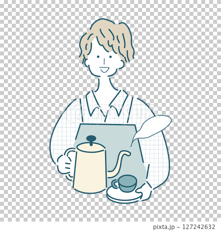 Simple line drawing vector illustration of a person making coffee 127242632