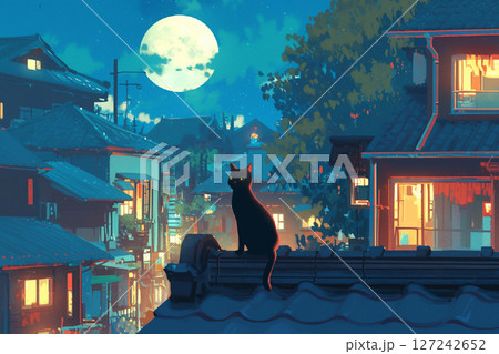 満月の夜に屋根の上にいる黒猫 127242652