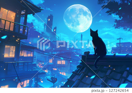 屋根の上で月を見る黒猫 127242654