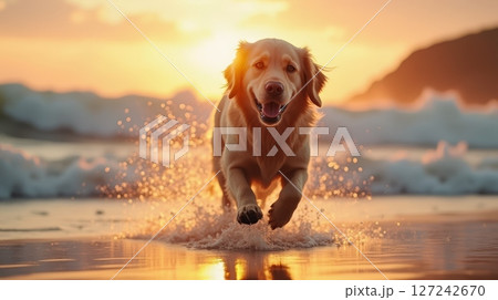 Golden retriever running through shallow water on beach at sunset, splashing and looking forward Golden retriever running through shallow water on beach at sunset, splashing and looking forward 127242670