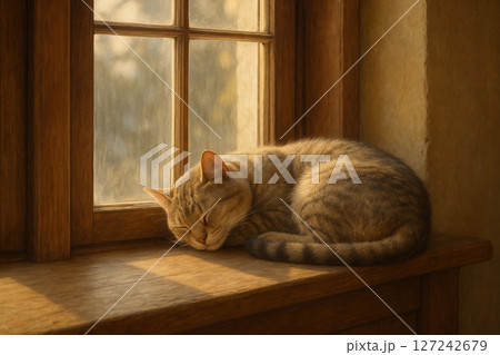 Tabby cat sleeping on wooden windowsill in warm sunlight inside cozy home interior Tabby cat sleeping on wooden windowsill in warm sunlight inside cozy home interior 127242679
