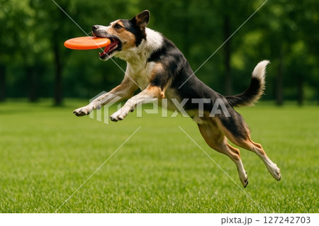 Dog jumping in air catching orange frisbee on green grass field, active pet playing outdoors in summer park 127242703