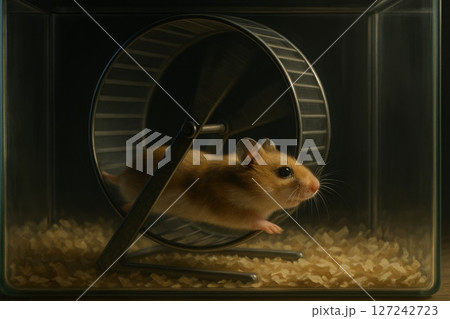 Hamster running in metal exercise wheel inside glass cage with bedding, side view close-up, pet care concept 127242723