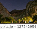 Starry Night Over Mountain Canyon Campsite with Palm Trees 127242954