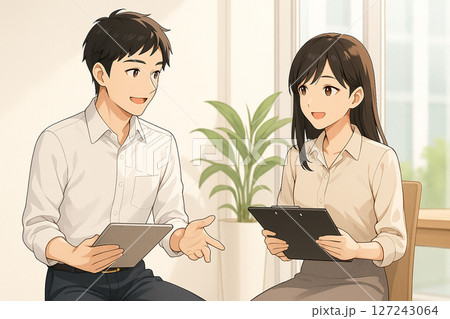 オフィスカジュアルな若手社員（男女ペア） 127243064