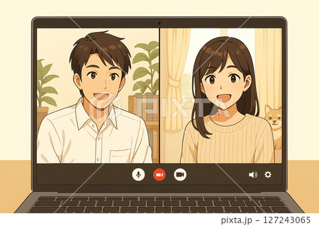 オンライン会議をする男女（PC越しに笑顔） 127243065