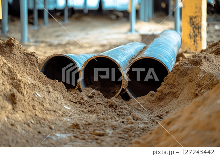 Construction work for replacement of engineering pipes. Workers installing an underground pipe on city street. Repair, laying water pipes or replacing sewer pipes Installation of plumbing, sanitation Construction work for replacement of engineering pipes. Workers installing an underground pipe on city street. Repair, laying water pipes or replacing sewer pipes Installation of plumbing, sanitation 127243442