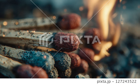 Macro shot of used matches, with glowing embers and soft flames in the background, evoking warmth and ignition 127243522