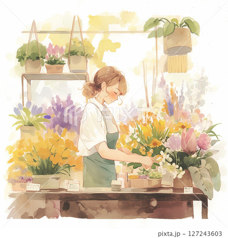 Florist arranging colorful flowers in a vibrant shop during afternoon hours 127243603