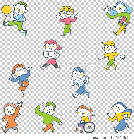 一組全球大批小學生精力充沛地行走的庫存插圖素材 127243613