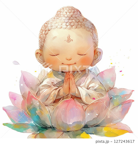 Cute child meditating peacefully on a colorful lotus flower in a serene setting under a bright sky Cute child meditating peacefully on a colorful lotus flower in a serene setting under a bright sky 127243617