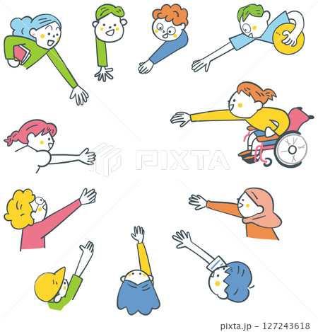手を差し伸べ合うグローバルな大勢の小学生たち　セットのストックイラスト素材 127243618