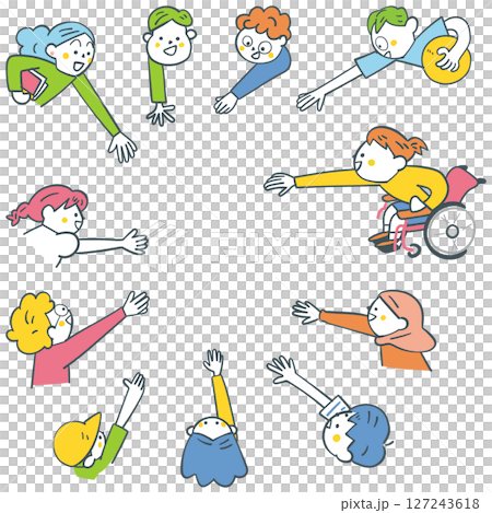 手を差し伸べ合うグローバルな大勢の小学生たち　セットのストックイラスト素材 127243618